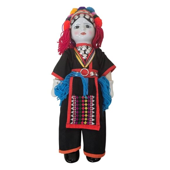 14" Colorful Ethnic Doll Embroidered Outfit & Pom-Pom Headdress - Picture 1 of 7